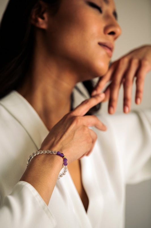 Healing Amethyst & Clear Quartz Gemstone Bracelet-SQ0086227
